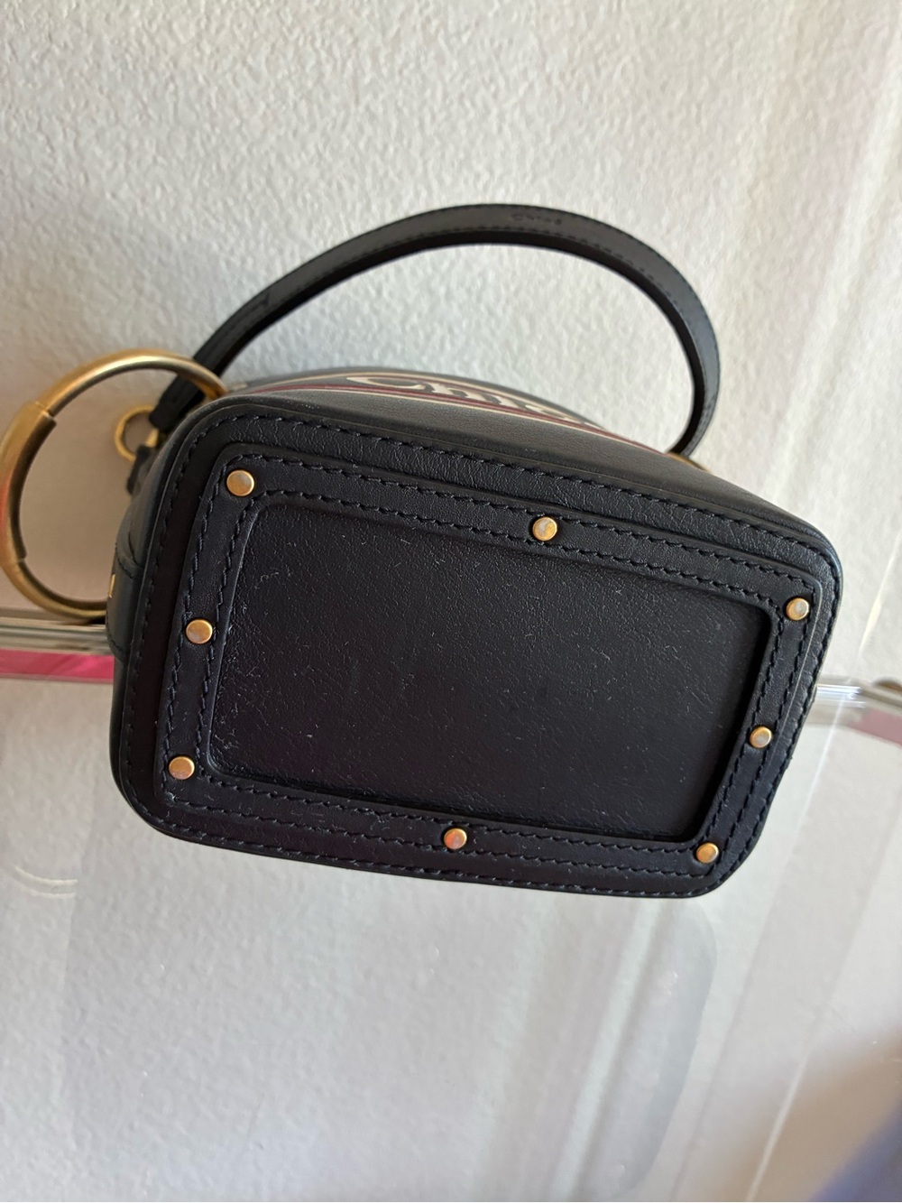 Chloé Roy Bucket Bag – Black Leather with Red/White Stripe Logo - Picture 7 of 10